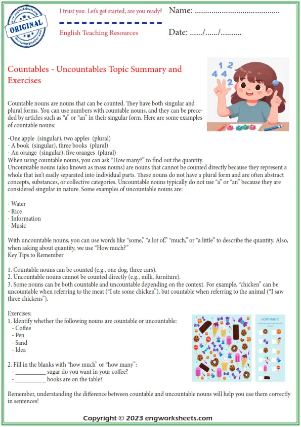 Free Printable Countables - Uncountables English ESL Worksheets Worksheet Preview